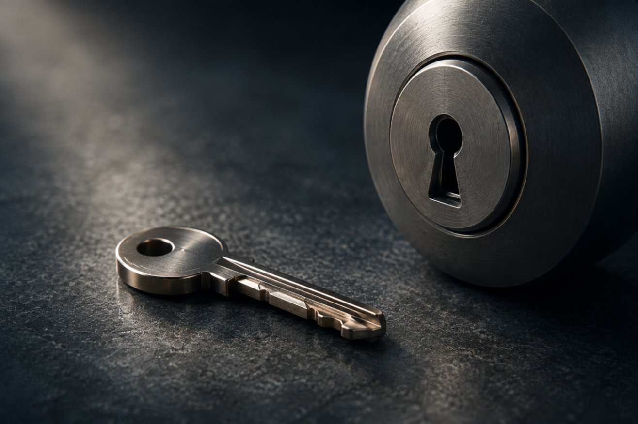 A single key next to a lock, symbolising the small share of features that unlock real value.